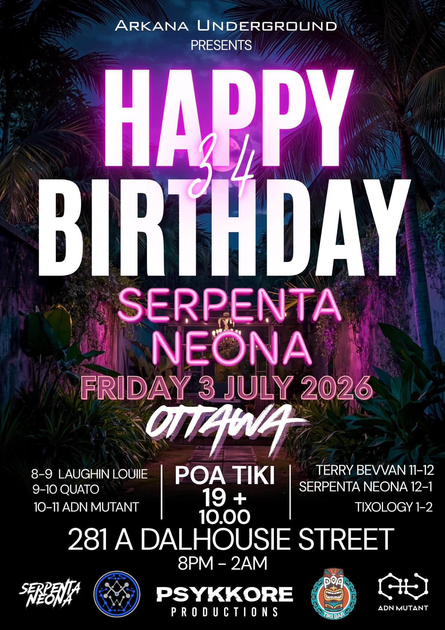 Serpenta Neona birthday event poster featuring DJ Terry Bevvan